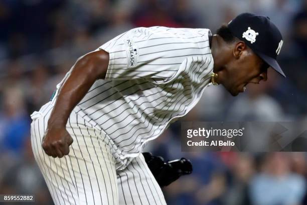 Luis Severino of the New York Yankees celebrates after closing out the top of the seventh inning against the Cleveland Indians in Game Four of the...