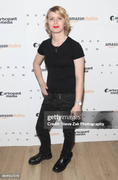 Chelsea Manning attends "Human Flow" New York Screening at the Whitby Hotel on October 9, 2017 in New York City.