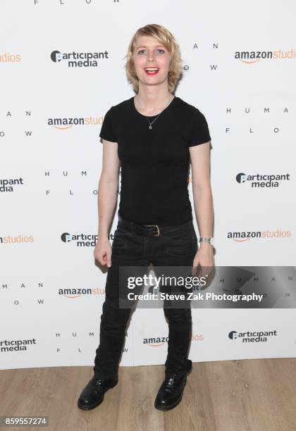 Chelsea Manning attends "Human Flow" New York Screening at the Whitby Hotel on October 9, 2017 in New York City.