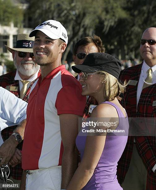 Aaron Baddeley and his wife Richelle on the 18th hole after winning the 2006 Verizon Heritage Classic being played at the Harbour Town Golf Links in...