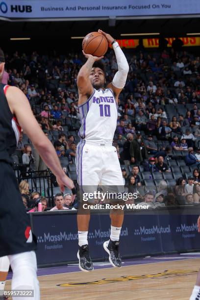 Frank Mason III of the Sacramento Kings shoots the ball against the Portland Trail Blazers during a preseason game on October 9, 2017 at ORACLE Arena...