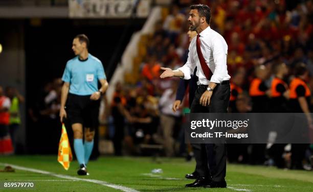 Head coach Panucci of Albania gestures during the FIFA 2018 World Cup Qualifier between Spain and Albania at Rico Perez Stadium on October 6, 2017 in...