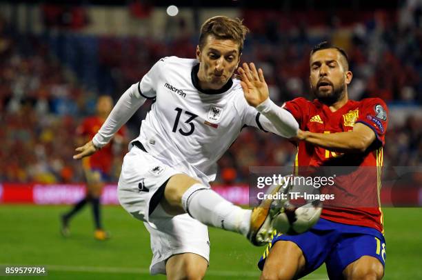 Jordi Alba of Spain controls the ball during the FIFA 2018 World Cup Qualifier between Spain and Albania at Rico Perez Stadium on October 6, 2017 in...