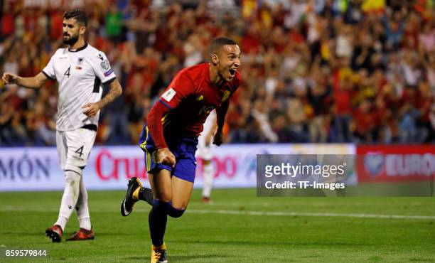 Rodrigo Moreno of Spain celebrates after scoring his team`s first goal during the FIFA 2018 World Cup Qualifier between Spain and Albania at Rico...