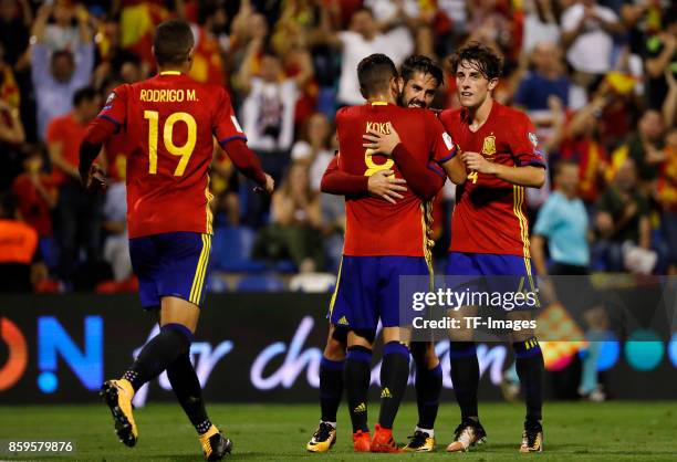 Isco Alarcon of Spain celebrates after scoring his team`s second goal during the FIFA 2018 World Cup Qualifier between Spain and Albania at Rico...