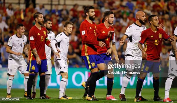 Sergio Ramos of Spain , Gerard Pique of Spain , Saul Niguez of Spain and Thiago Alcntara of Spain looks on during the FIFA 2018 World Cup Qualifier...