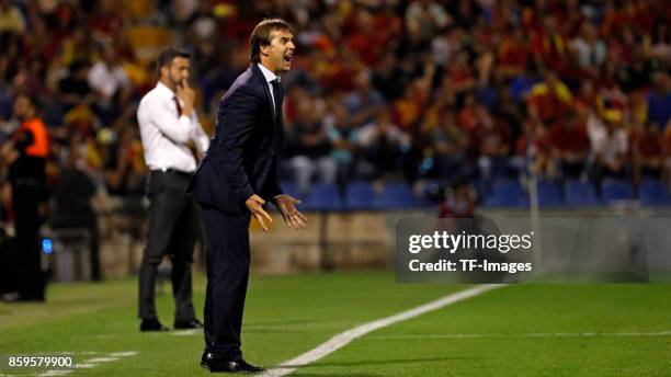 Head coach Julen Lopetegui of Spain gestures l during the FIFA 2018 World Cup Qualifier between Spain and Albania at Rico Perez Stadium on October 6,...