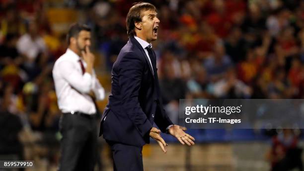 Head coach Julen Lopetegui of Spain gestures l during the FIFA 2018 World Cup Qualifier between Spain and Albania at Rico Perez Stadium on October 6,...