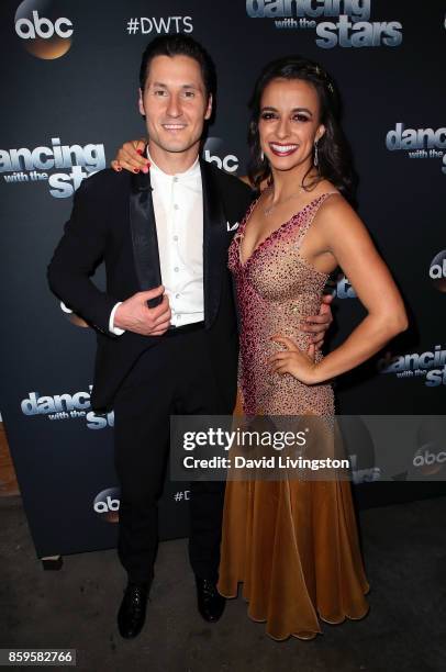 Personality Victoria Arlen and dancer Valentin Chmerkovskiy attend "Dancing with the Stars" season 25 at CBS Televison City on October 9, 2017 in Los...