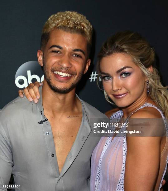 Singer Jordan Fisher and dancer Lindsay Arnold attend "Dancing with the Stars" season 25 at CBS Televison City on October 9, 2017 in Los Angeles,...
