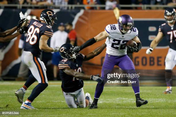Harrison Smith of the Minnesota Vikings intercepts the football in the fourth quarter against the Chicago Bears at Soldier Field on October 9, 2017...