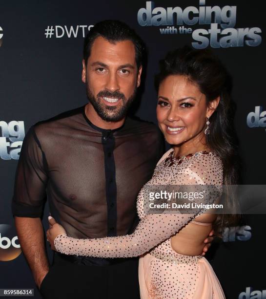 Personality Vanessa Lachey and dancer Maksim Chmerkovskiy attend "Dancing with the Stars" season 25 at CBS Televison City on October 9, 2017 in Los...