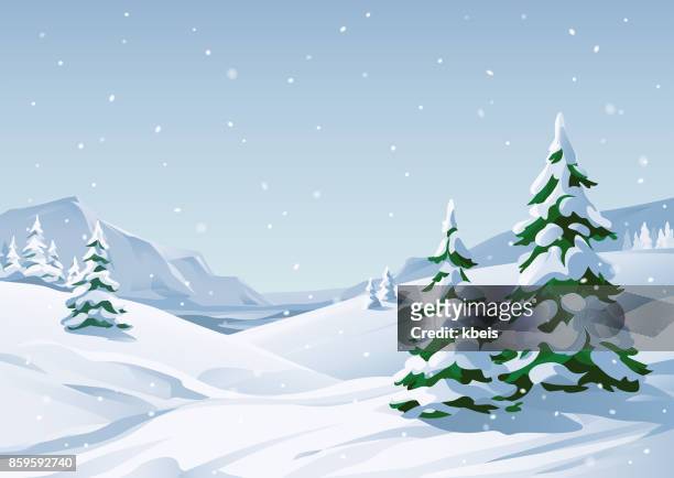 ilustraciones, imágenes clip art, dibujos animados e iconos de stock de nívea paisaje de invierno - nevada