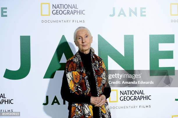 Primatologist Dr. Jane Goodall arrives at the premiere of National Geographic Documentary Films' "Jane" at the Hollywood Bowl on October 9, 2017 in...