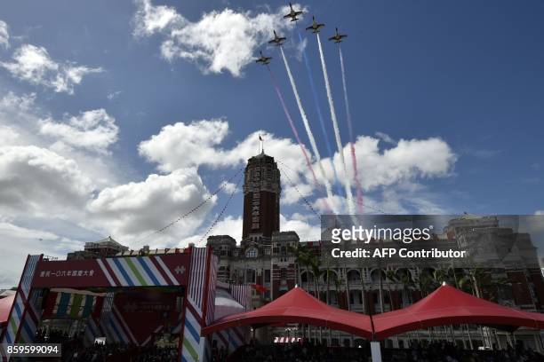 Taiwan's Airforce Thunder Tigers perform during the National Day ceremony in Taipei on October 10, 2017. Taiwan president Tsai Ing-wen pledged on...