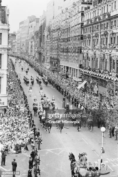 Prince Charles, The Prince of Wales, marries Lady Diana Spencer. Picture shows Charles and Diana riding in a horse drawn carriage away from St Paul's...