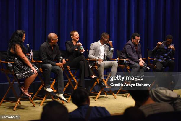 Jenelle Riley, Reginald Hudlin, Kate Hudson, Sterling K. Brown, Josh Gad and Chadwick Boseman attend the SAG-AFTRA Foundation Conversations -...