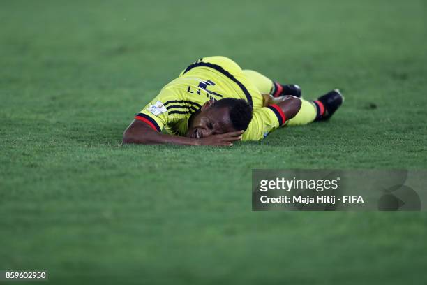 Leandro Campaz of Colombia reacts during the FIFA U-17 World Cup India 2017 group A match between India and Colombia at Jawaharlal Nehru Stadium on...