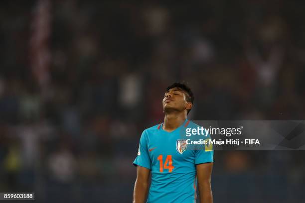 Rahim Ali of India reacts during the FIFA U-17 World Cup India 2017 group A match between India and Colombia at Jawaharlal Nehru Stadium on October...