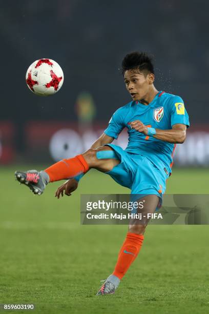 Ninthoinganba Meetei of India controls the ball during the FIFA U-17 World Cup India 2017 group A match between India and Colombia at Jawaharlal...