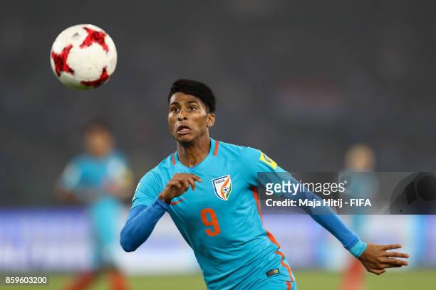 Aniket Jadhav of India controls the ball during the FIFA U-17 World Cup India 2017 group A match between India and Colombia at Jawaharlal Nehru...
