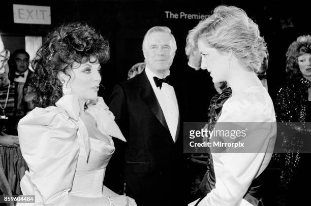 Princess Diana,The Princess of Wales meets actor Joan Collins at the Film Premiere of '84 Charing Cross Road' in aid of the Cinema and Television...