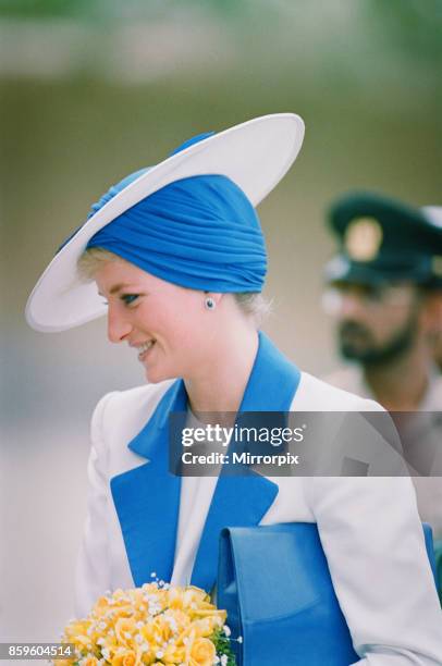 Prince and Princess of Wales Official Visit to the Arab States in the Persian Gulf, March 1989. Princess Diana, wearing a Catherine Walker suit and a...