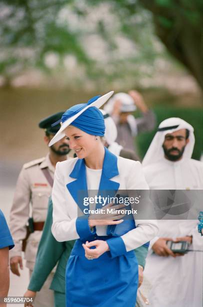 Prince and Princess of Wales Official Visit to the Arab States in the Persian Gulf, March 1989. Princess Diana, wearing a Catherine Walker suit and a...