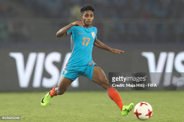 Rahul Kannoly of India controls the ball during the FIFA U-17 World Cup India 2017 group A match between India and Colombia at Jawaharlal Nehru...