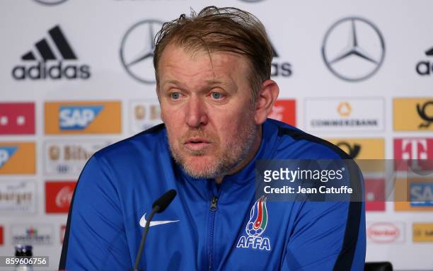 Coach of Azerbaijan Robert Prosinecki answers to the media following the FIFA 2018 World Cup Qualifier between Germany and Azerbaijan at Fritz-Walter...