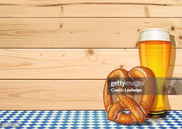 beer fest background [beer glass and pretzel on the wooden boards] - photo realism stock illustrations