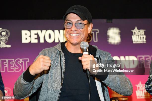 Actor Jean-Claude Van Damme speaks onstage during the Beyond Fest screening and Cast/Creator panel of Amazon Prime Video's exclusive series...