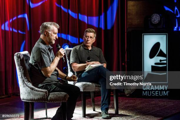 Billy Bragg and Bob Santelli speak during Roots, Radicals and Rockers: How Skiffle Changed the World With Billy Bragg at The GRAMMY Museum on October...