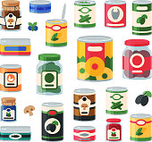 Tins canned goods food container grocery store and product storage aluminum label conserve vector illustration