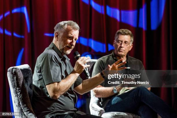 Billy Bragg and Bob Santelli speak during Roots, Radicals and Rockers: How Skiffle Changed the World With Billy Bragg at The GRAMMY Museum on October...