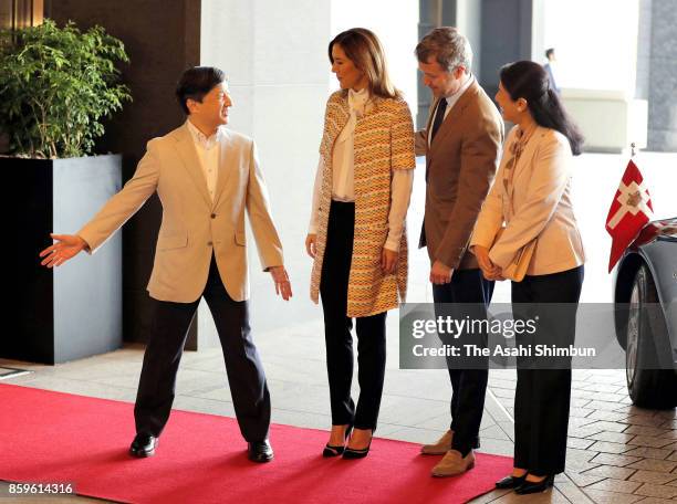 Crown Prince Frederik and Crown Princess Mary of Denmark are welcomed by Japanese Crown Prince Naruhito and Crown Princess Masako on arrival at a...