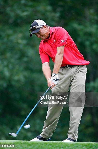 Scott Gardiner drives from the 13th tee during the second round of the Northeast Pennsylvania Classic August 10, 2007 held at Glenmaura National Golf...