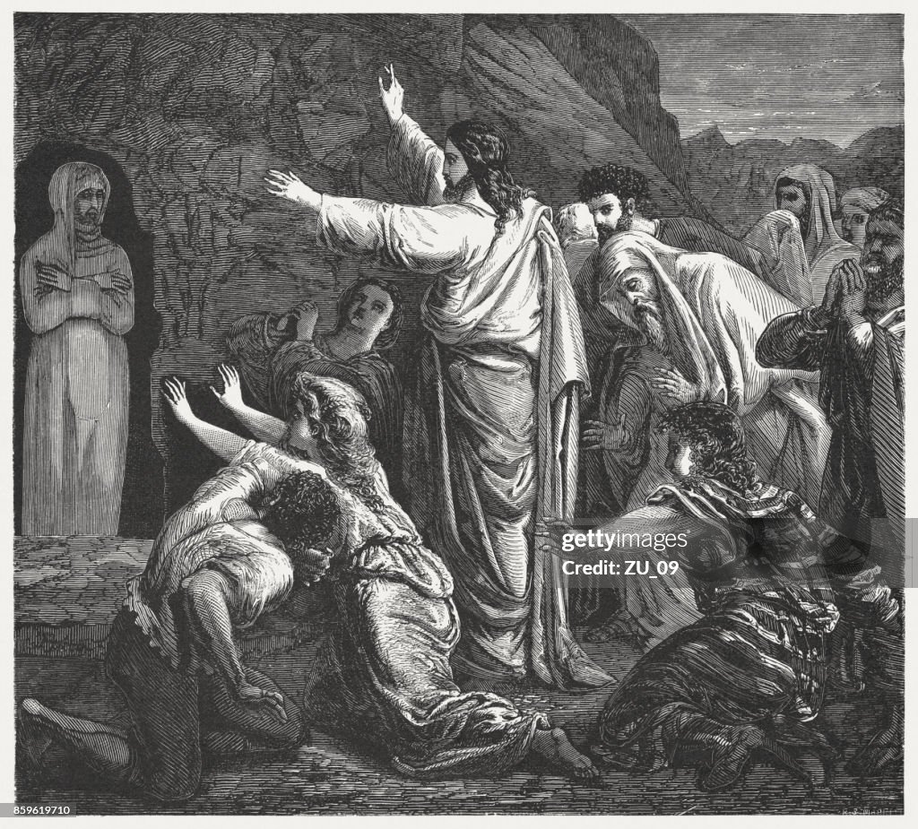 Jesús plantea Lazarus (Juan 11, 44), grabado en madera, publicado 1886
