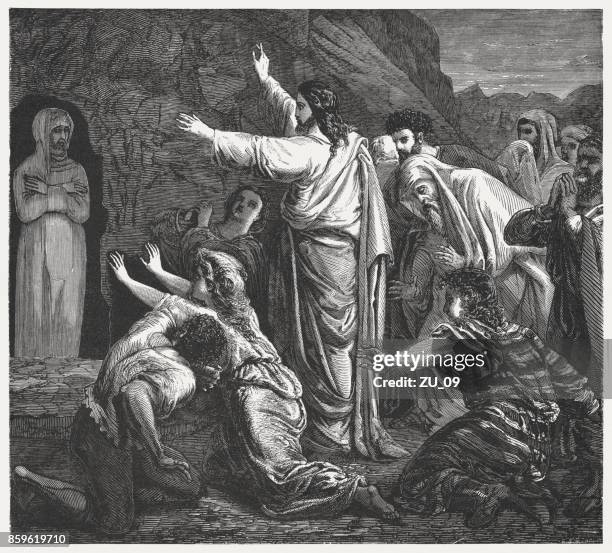 jesus raises lazarus (john 11, 44), wood engraving, published 1886 - death benefit stock illustrations