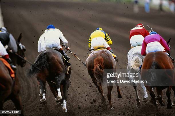 horse racing, back view of five competitors, mud flying up - jockey fotografías e imágenes de stock