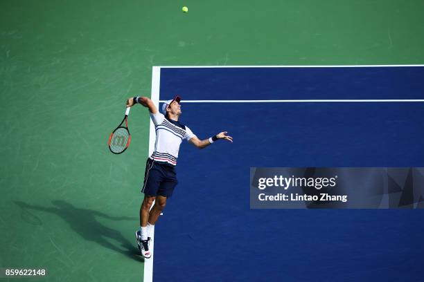 Dusan Lajovic of Serbia returns a shot during the Men's singles mach against John Isner of the United States on day three of 2017 ATP Shanghai Rolex...