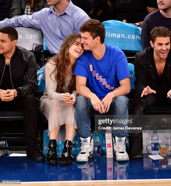 Violetta Komyshan and Ansel Elgort attend Houston Rockets Vs. New York Knicks game at Madison Square Garden on October 9, 2017 in New York City.