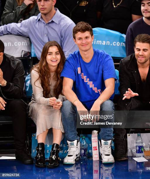 Violetta Komyshan and Ansel Elgort attend Houston Rockets Vs. New York Knicks game at Madison Square Garden on October 9, 2017 in New York City.