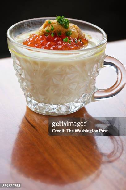 Chawanmushi - Ginger Consommé, House Cured Alaskan King Salmon Roe, Uni and Chives--photographed at Himitsu in Washington, DC. .