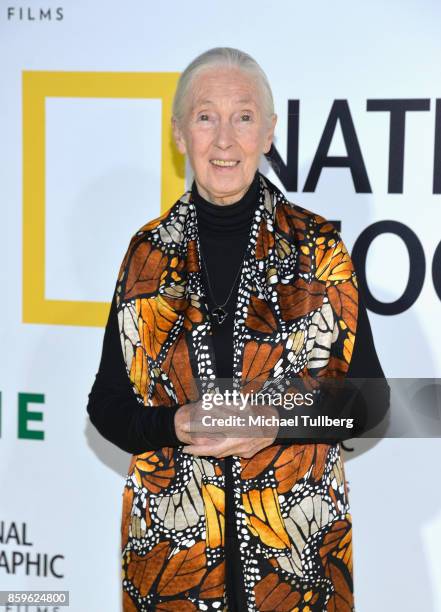 Primatologist Dr. Jane Goodall attends the premiere of National Geographic Documentary Films' "Jane" at the Hollywood Bowl on October 9, 2017 in...