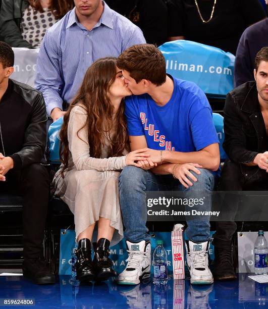 Violetta Komyshan and Ansel Elgort attend Houston Rockets Vs. New York Knicks game at Madison Square Garden on October 9, 2017 in New York City.