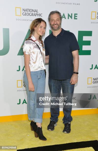 Iris Apatow and Judd Apatow attend the premiere of National Geographic Documentary Films' "Jane" at the Hollywood Bowl on October 9, 2017 in...