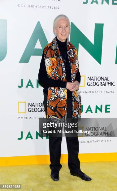 Primatologist Dr. Jane Goodall attends the premiere of National Geographic Documentary Films' "Jane" at the Hollywood Bowl on October 9, 2017 in...