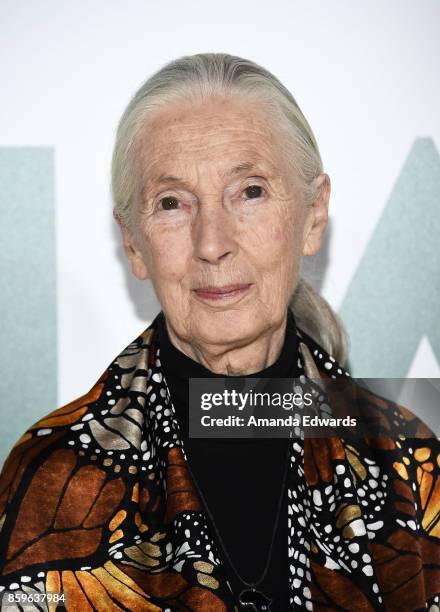 Primatologist Dr. Jane Goodall arrives at the premiere of National Geographic Documentary Films' "Jane" at the Hollywood Bowl on October 9, 2017 in...