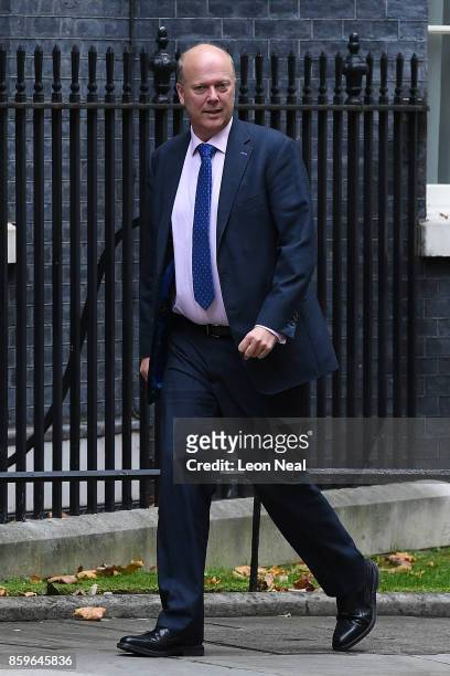 Transport Secretary Chris Grayling arrives in Downing Street ahead of a Cabinet meeting on October 10, 2017 in London, England. The meeting will be...
